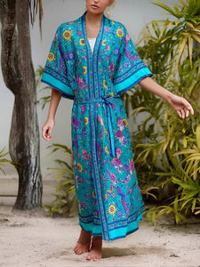 Green Peacock Floral Print,Bohemian  Kimono,  Boho Maxi Dress