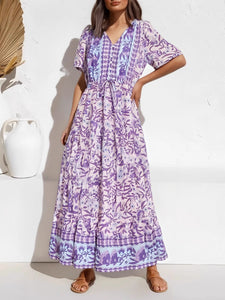 Purple Floral Print ,Button V-neck ,Boho Dress