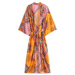 Floral Print Kimono,Bohemian Cover-up,Boho Maxi Robe