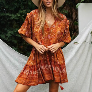 Mini Dress, Boho Dress,Brown Floral Print