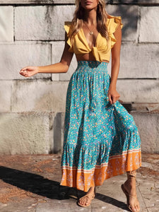 Green Floral Print , Bohemian Pleated Skirt,Boho Maxi Skirts