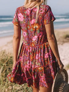 Bohemian Mini Dress, Boho Dress,Red Floral Print