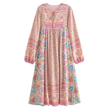 Load image into Gallery viewer, Pink Floral Print  Bohemian Midi Dress ,Boho Robe
