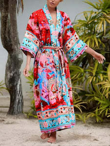 Peacock Red Print,Boho Kimono, Bikini Cover-ups