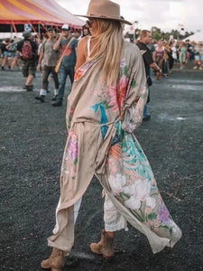 Peacock pink Floral Print, bohemian robe ,Boho Maxi Kimono