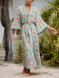 Green Floral Print , Bohemian  Blouses,Boho Kimono