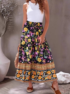 Black Floral Print,Bohemian Maxi Skirts,Beach Pleated Skirt