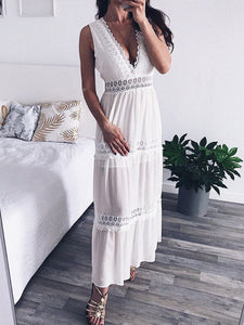 White Hollow Out,Boho Maxi Dress,Bohemian Sundress