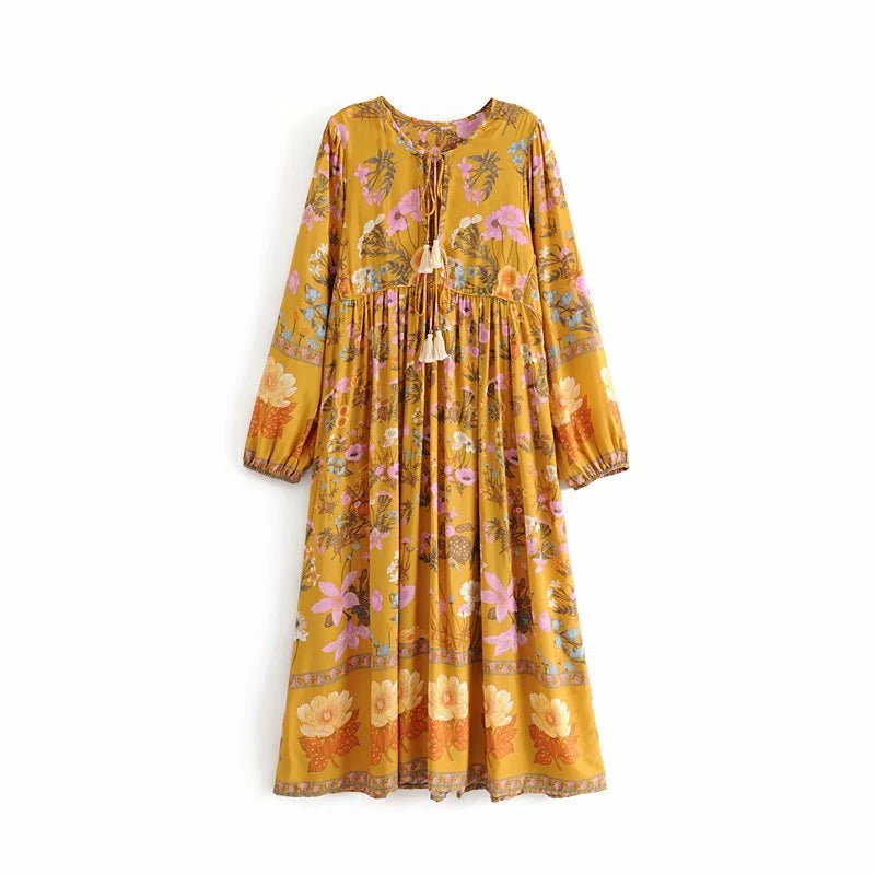 Yellow Floral Print,Bohemian Maxi Dress ,Boho Dress