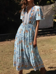 Blue Floral Print,Bohemian Maxi Dress, Boho Dress