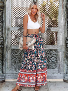 Black Floral Printed,Bohemian Pleated Maxi Skirts