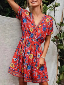 Red Floral Peacock,Bohemian Mini Dress,Boho Dress