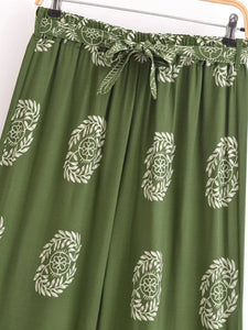 Green Floral,Bohemian Wide Leg Pants, Boho Pants