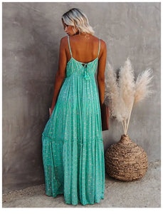 Split Big hem,Green Maxi dress, Beach Boho Dress