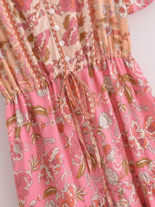 Pink Floral Print,Bohemian Maxi Dress,Boho Dress