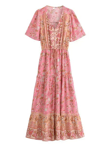 Pink Floral Print,Bohemian Maxi Dress,Boho Dress