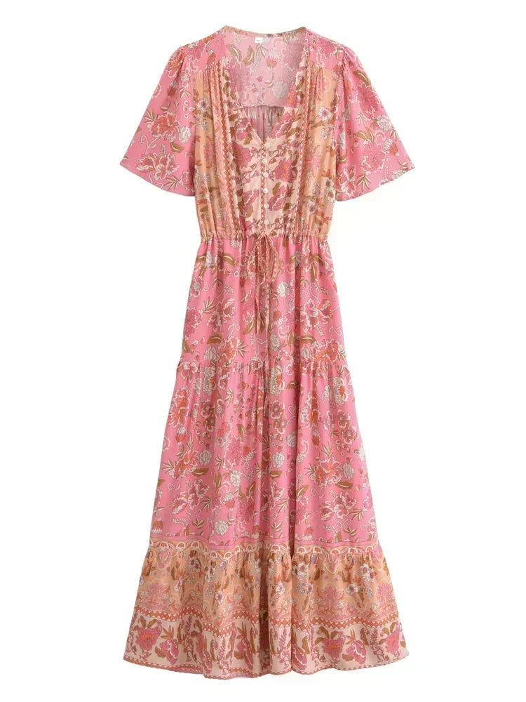 Pink Floral Print,Bohemian Maxi Dress,Boho Dress