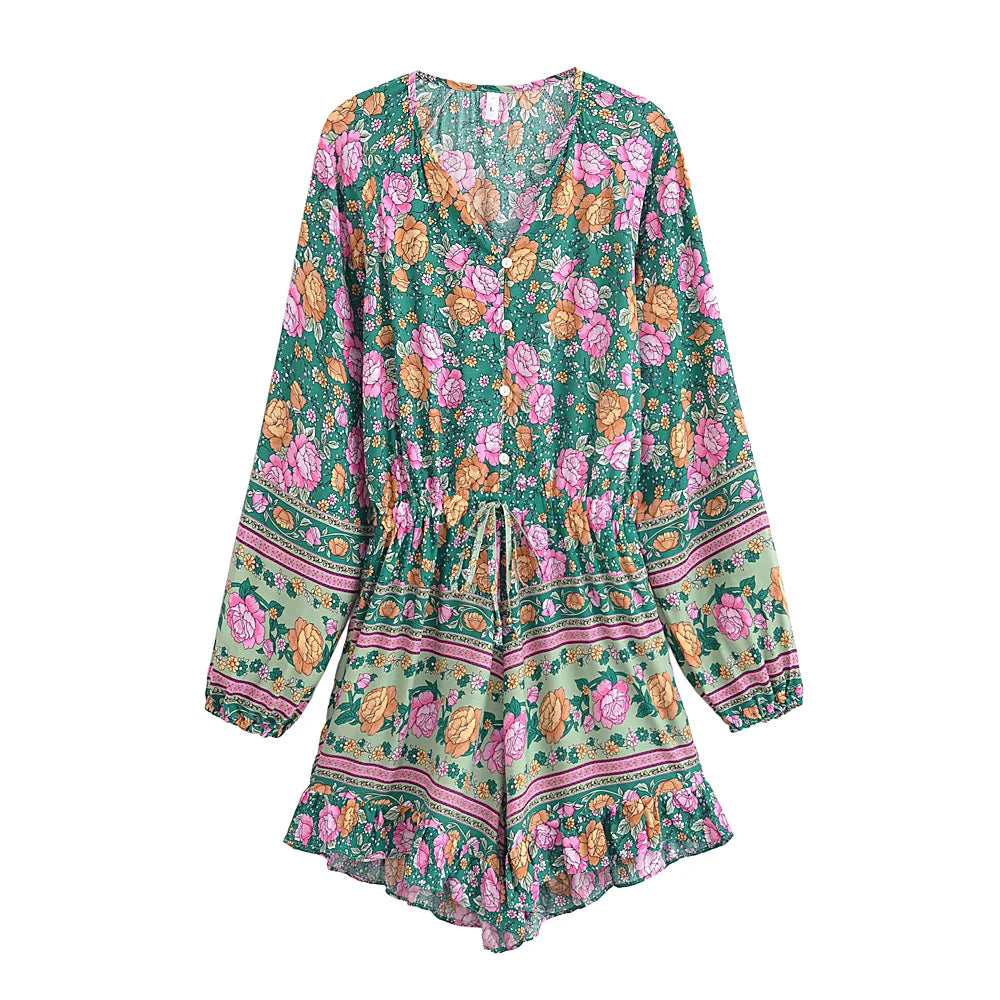 Boho Playsuits,Beach Jumpsuits,Bohemian Green Floral