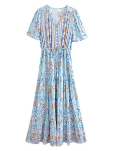 Blue Floral Print,Bohemian Maxi Dress, Boho Dress