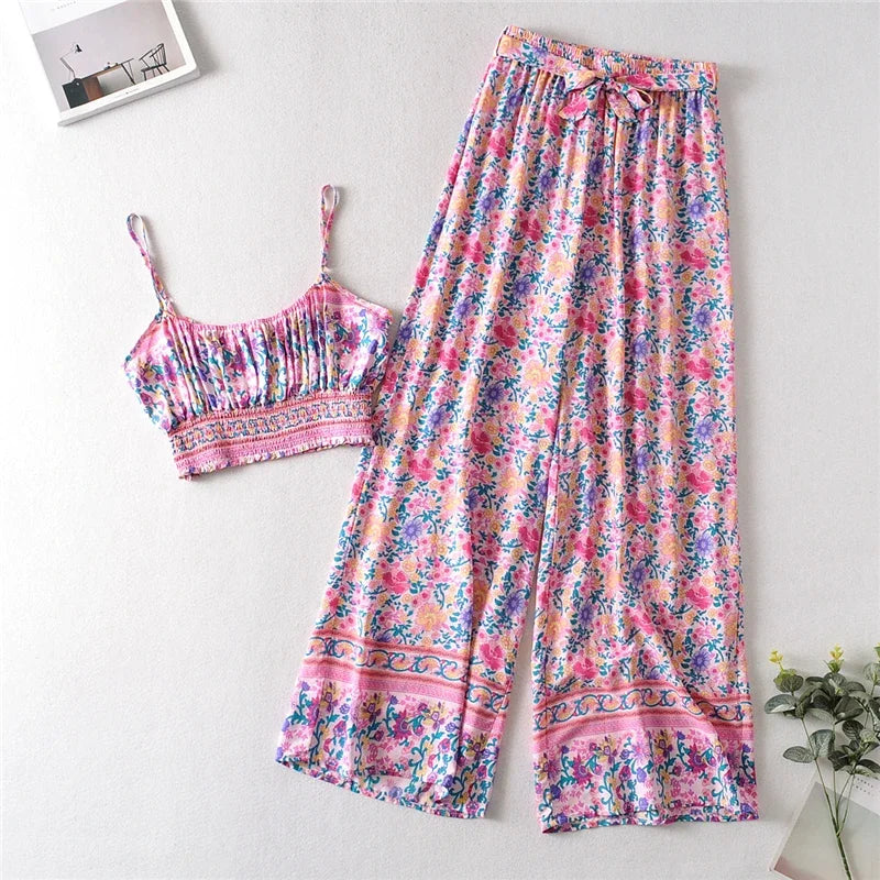 Pink Floral Print, Two Piece Outfits ,Boho Sets