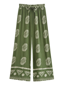 Green Floral,Bohemian Wide Leg Pants, Boho Pants