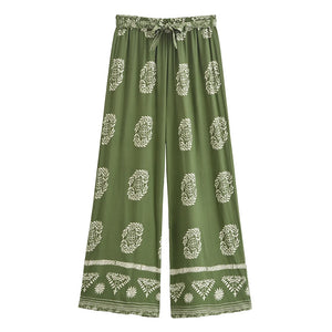 Green Floral,Bohemian Wide Leg Pants, Boho Pants