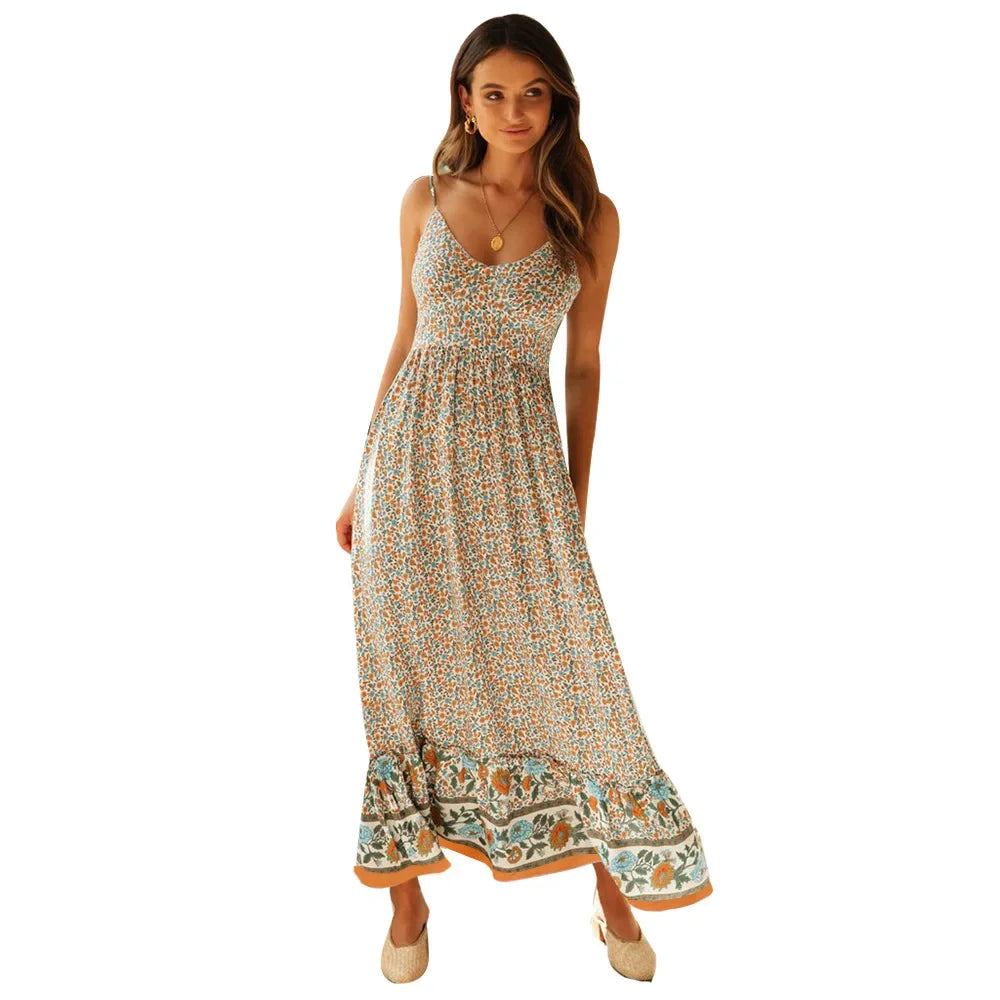 Strapless Bohemian Maxi Dress,Vacation Beach Boho Dress