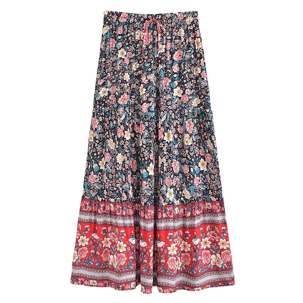 Black Floral Printed,Bohemian Pleated Maxi Skirts