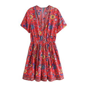 Red Floral Peacock,Bohemian Mini Dress,Boho Dress