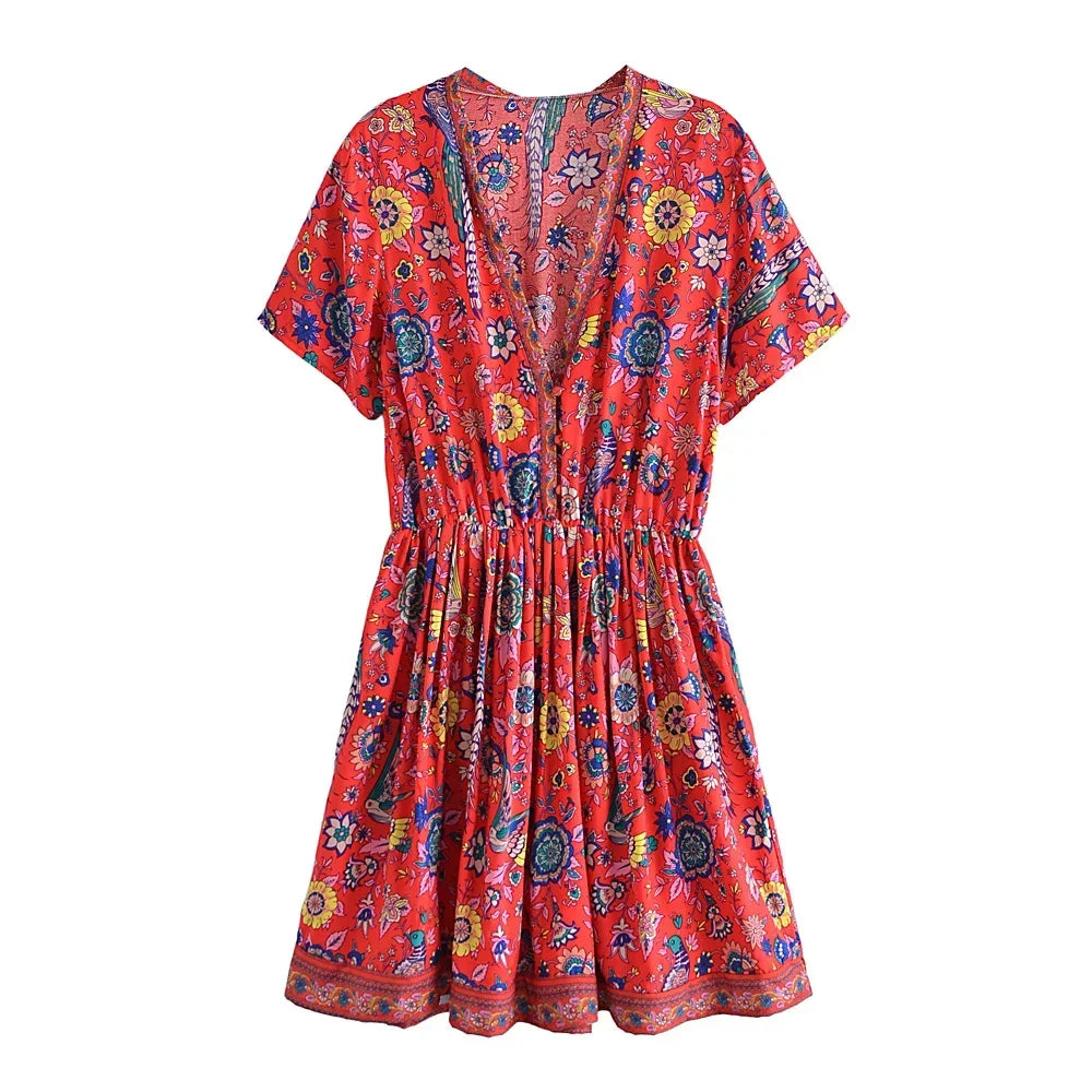 Red Floral Peacock,Bohemian Mini Dress,Boho Dress