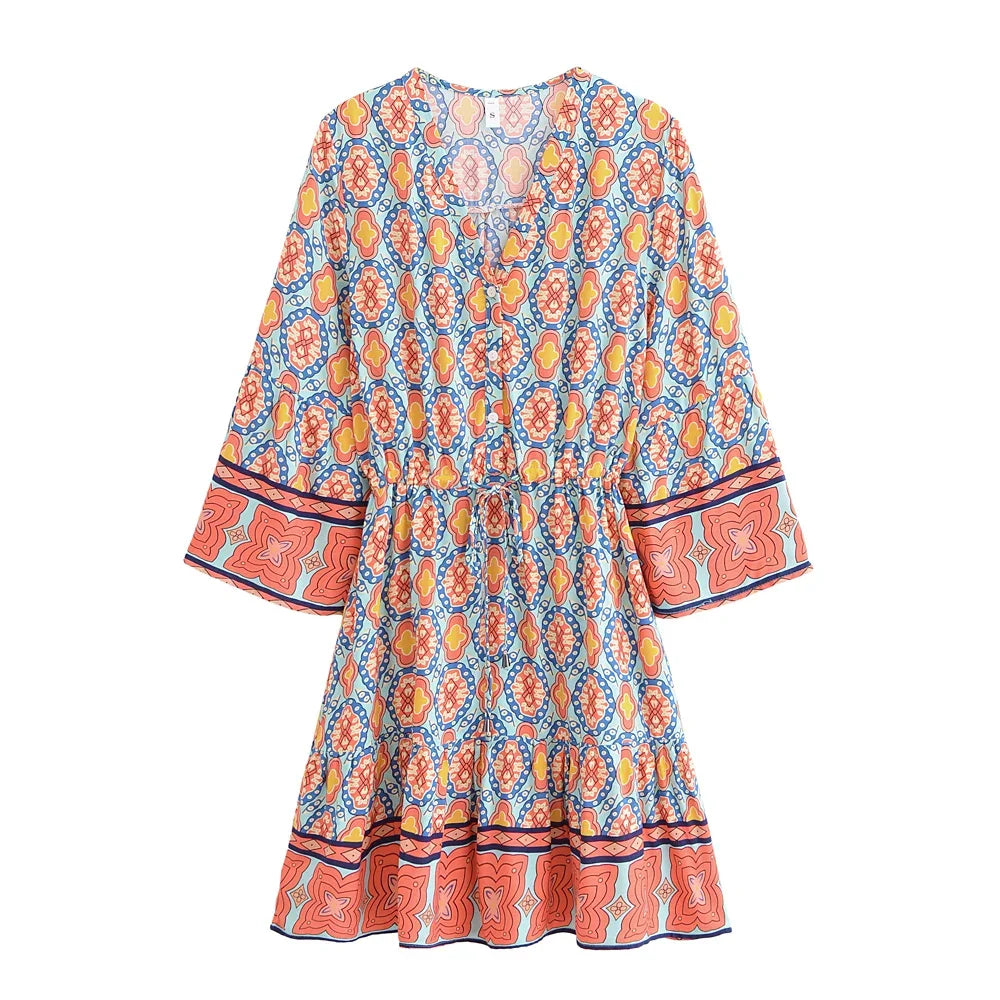 Geometry Print ,Bohemian Mini Dress,Boho Dress