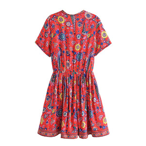 Red Floral Peacock,Bohemian Mini Dress,Boho Dress