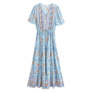 Blue Floral Print,Bohemian Maxi Dress, Boho Dress