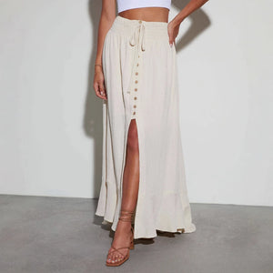 Single Breasted  Beach Bohemian Maxi Skirt, Split Boho Skirt