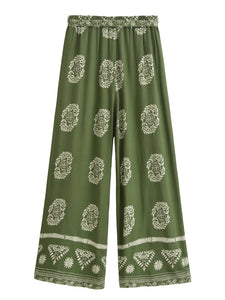 Green Floral,Bohemian Wide Leg Pants, Boho Pants