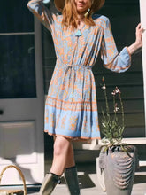 Load image into Gallery viewer, Blue Floral Print Bohemian Mini Dress , Rayon Boho Dress
