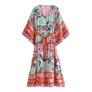 Green Peacock Floral  ,Bohemian Kaftan ,Boho Maxi Dress