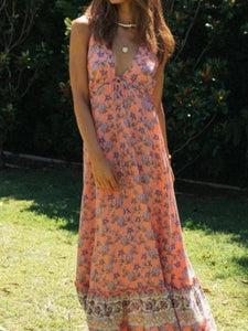 Floral Print ,Boho Maxi Dresses,deep V-neck Sundress