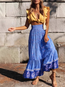 Green Floral Print , Bohemian Pleated Skirt,Boho Maxi Skirts