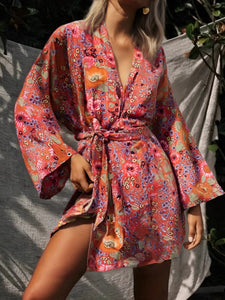 Red Floral Print ,Boho Kimono,bohemian Kimono