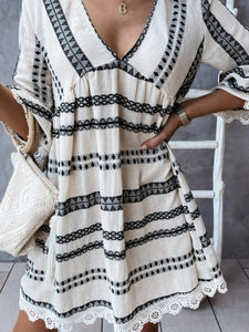 Striped Print Lace ,Bohemian Mini Dress,Boho Sundress