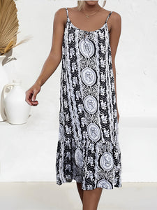 Elephant Print ,Strap Dresses,Boho Midi Dress