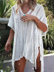 Solid Hollow Out, Bohemian Mini Dress,Boho Cover-ups