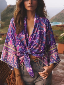 Boho Kimono ,Short Robe,Bikini Cover Ups ,Purple Floral