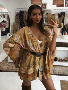 Boho Short Robe, Kimono Robe,Alisa Yellow Floral