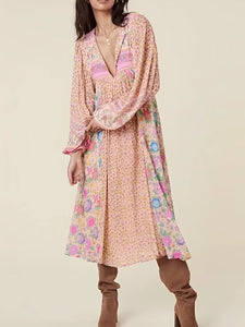 Pink Floral Print  Bohemian Midi Dress ,Boho Robe