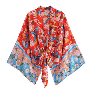 Floral Print Short Robe,Bikini Boho Cover-ups