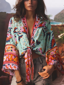 Peacock Floral Print,Short Kimono , Boho Cover-ups