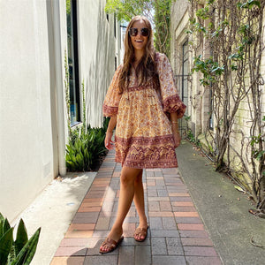 Pink floral print, Bohemian midi dress ,Boho sundress