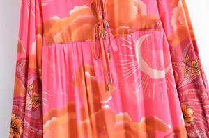 Star and Moon Print Boho Dress,Bohemian Maxi Sundress